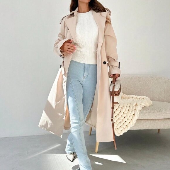 Khaki Elegant Women's Cinched Waist Double Breasted Mid-Length Trench Coat - Picture 6 of 8